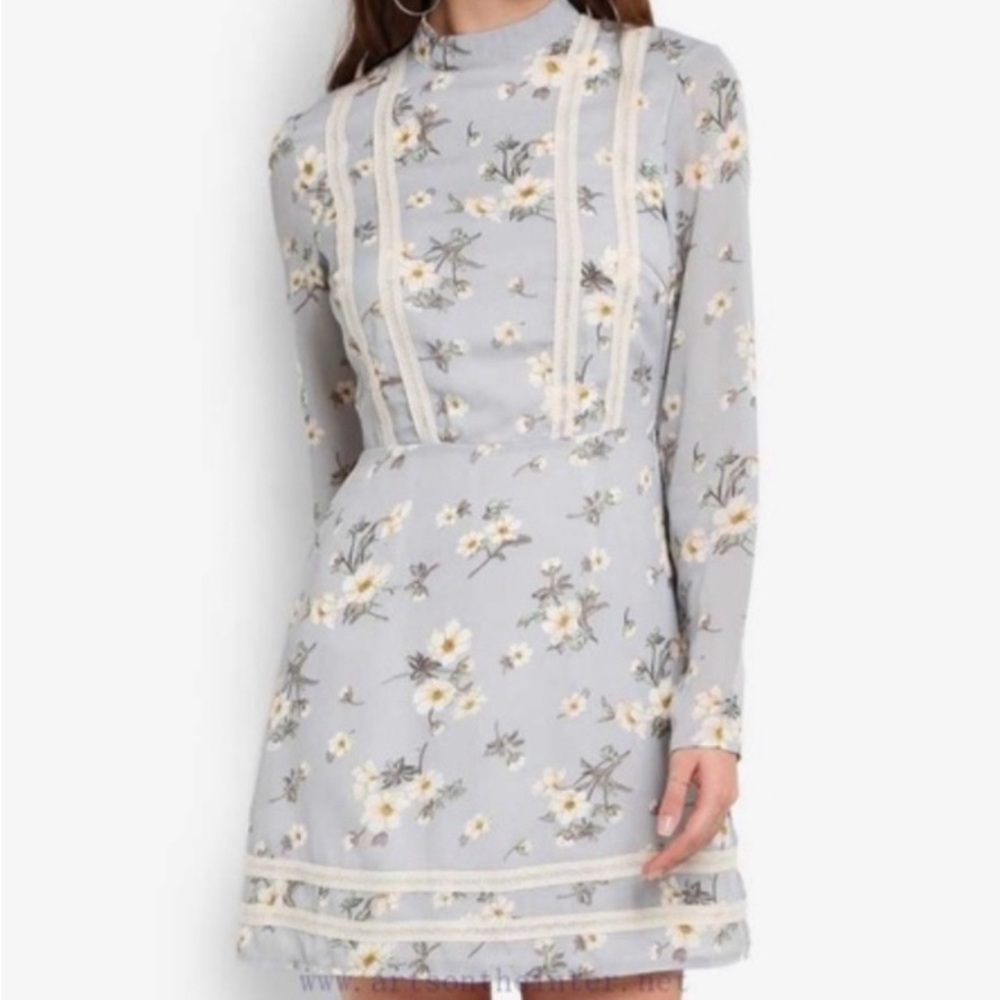 New Missguided Floral Tea Garden Party Dress Flouncy Brunch Size 10 Blue